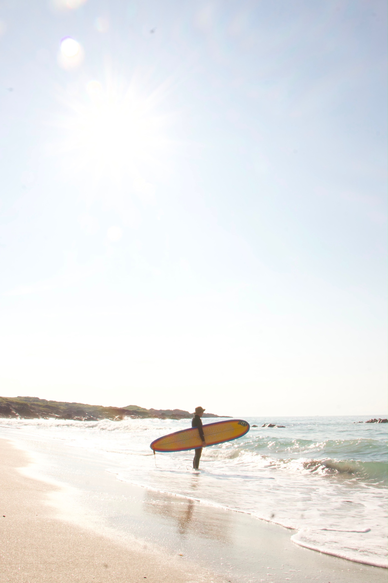 Surfer carrying a longboard into the shorebreak in bright morning light